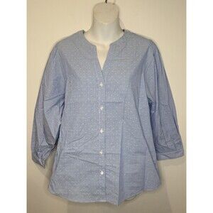 J McLaughlin Blue White Striped Swiss Dot Split V Neck Popover Blouse Sz M EUC!!
